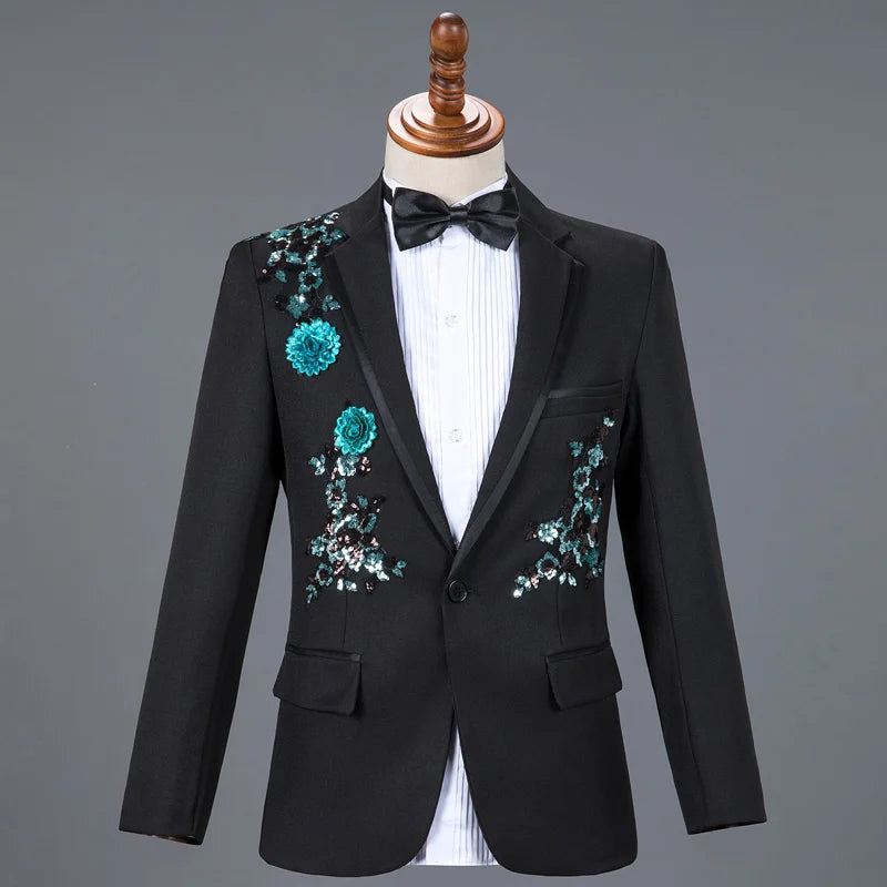 Red Diamond Floral Men Suits for Wedding Mens Suits 3 Piece Blazer+Pant+Bow Tie Fashion Tuxedo Men Suit Set Stage Costume Homme