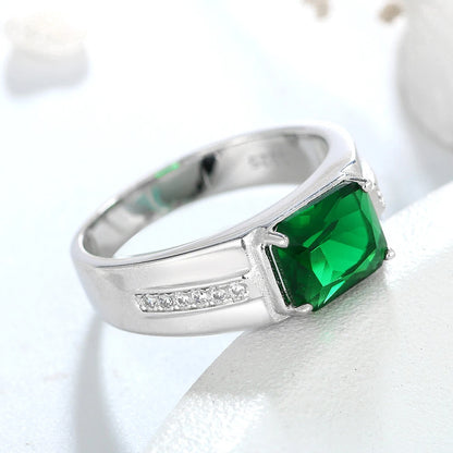 Genuine 925 Sterling Silver Men's Ring Main Stone Rectangular 8*10MM Green Zircon Finger Rings Gift Party Fine Jewelry