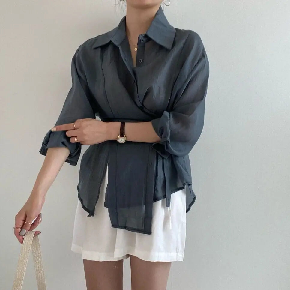 Sunscreen Women Shirt Chic Loose Long Sleeve Blouse 2025 Fashion Casual Button Shirts Tops Office Lady Elegant Clothing 15674