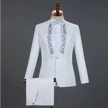 Red Diamond Floral Men Suits for Wedding Mens Suits 3 Piece Blazer+Pant+Bow Tie Fashion Tuxedo Men Suit Set Stage Costume Homme