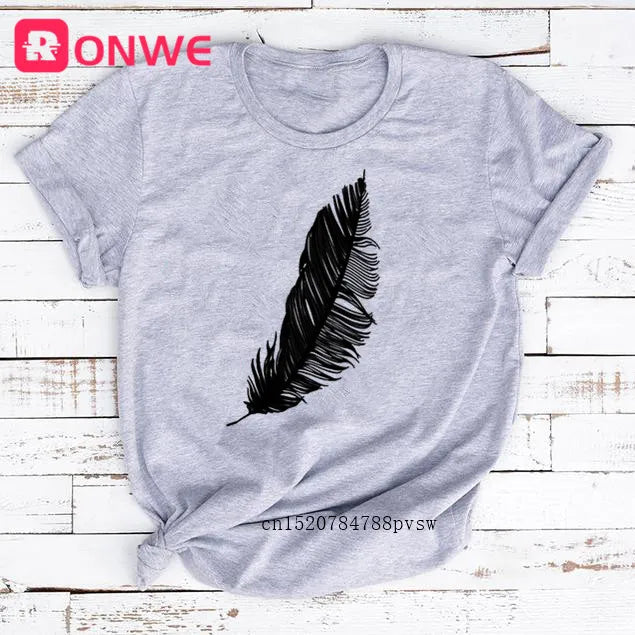 2022 Women Casual Harajuku Fashion T-shirt Feather Print Loose O-neck Short Sleeve Elastic Stretched Summer Home New Tee Shirt