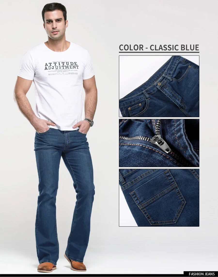 Mens Boot Cut Jeans Slightly Flared Slim Fit Blue Black Trousers Designer Classic Male Stretch Denim Pants