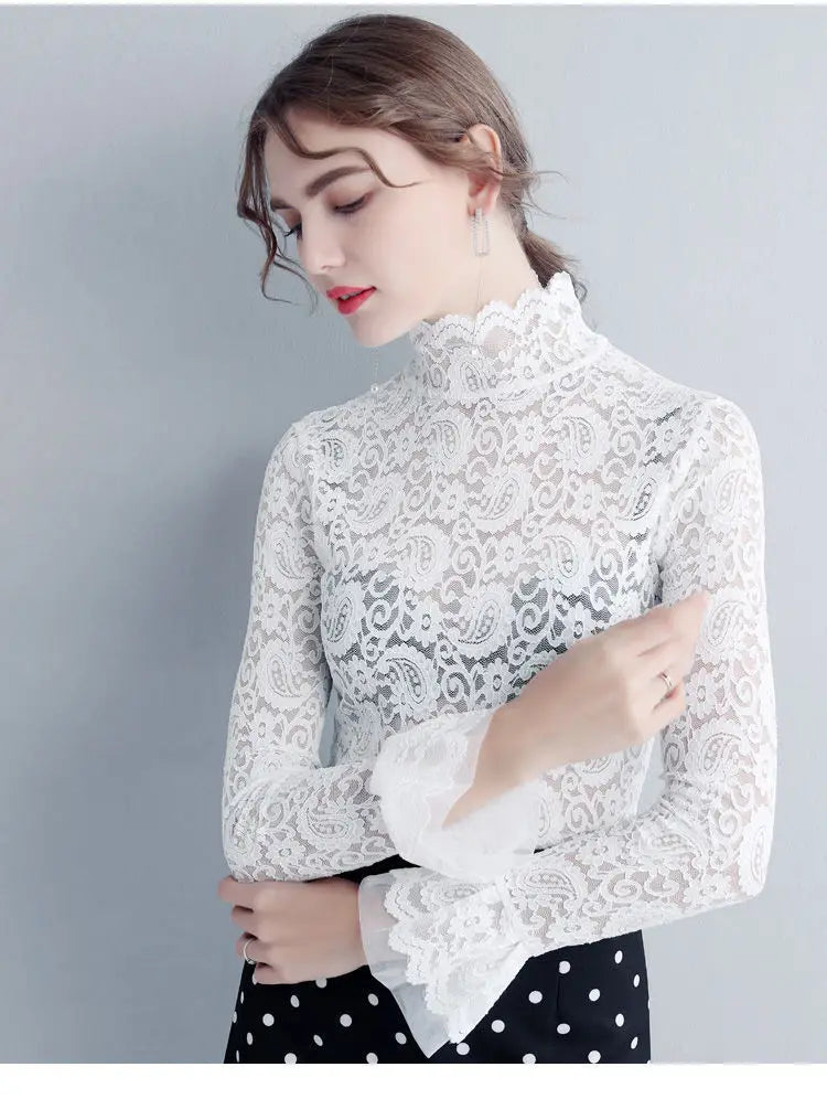 Sexy Transparent Long Sleeve Top Women 2025 Fashion Autumn Winter Basic Lace Blouses White Black Hollow Blusas Mujer Oversized