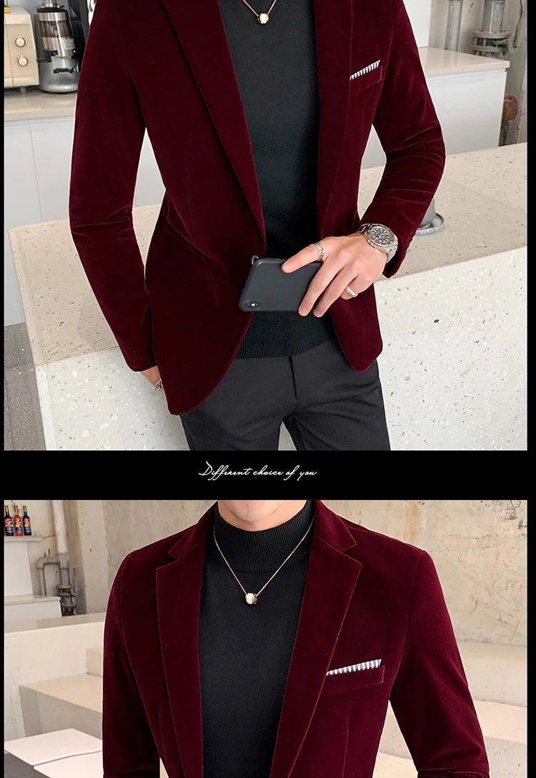 Burgundy Velvet Blazer Men 2022 Fashion Casual Blazer Men Wedding Groom Singer Costume Slim Blazer Formal Evening Dress M-5XL