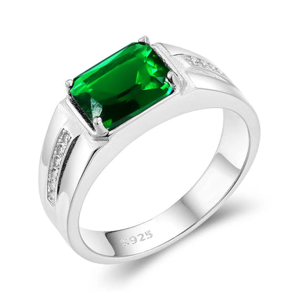 Genuine 925 Sterling Silver Men's Ring Main Stone Rectangular 8*10MM Green Zircon Finger Rings Gift Party Fine Jewelry