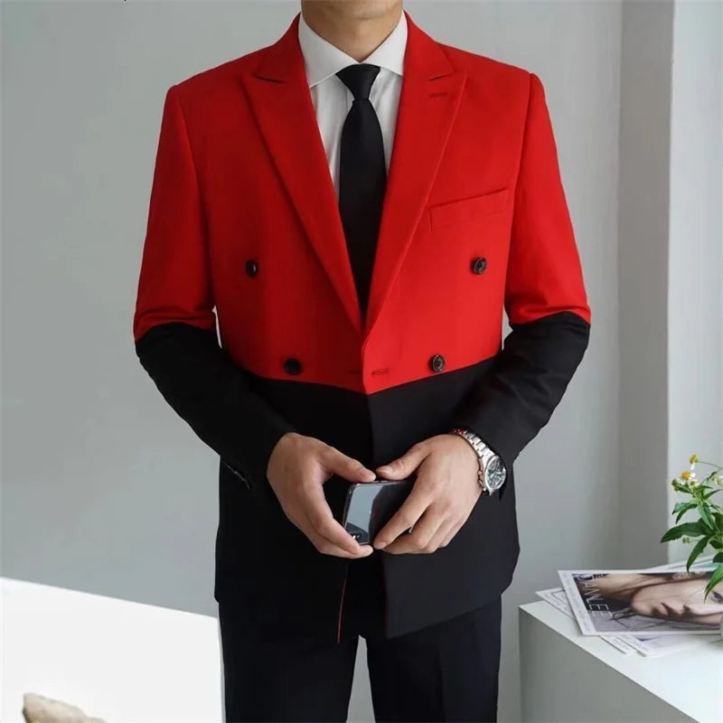 Men's Blazer Hombre Semi-Black Red White Double-Breasted Blazer Masculino Slim Wedding Prom Fashion Stitching Men's Blazer Men