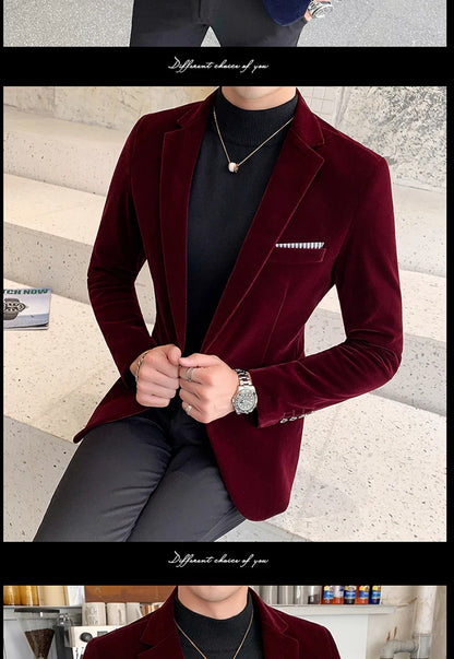 Burgundy Velvet Blazer Men 2022 Fashion Casual Blazer Men Wedding Groom Singer Costume Slim Blazer Formal Evening Dress M-5XL