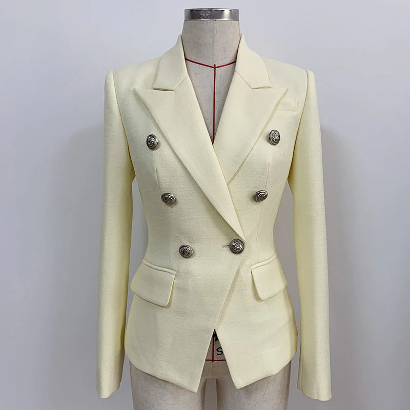 HIGH STREET Newest 2025 Classic Designer Blazer Women's Lion Buttons Double Breasted Slim Fit Textured Blazer Pastel yellow