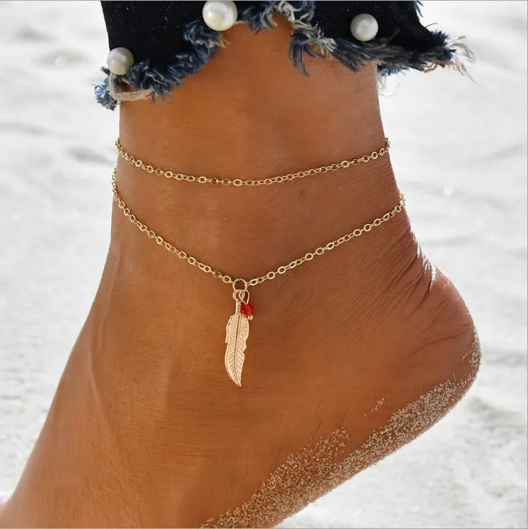 Boho Double Layer Anklets For Women Pearl Streaming Pendant Foot Chains 8 Shape Beach Bracelet Anklets Solar System Bracelet