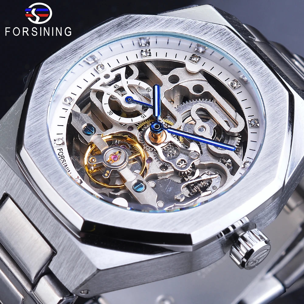 Forsining Casual Automatic Watch 3D Diamond Skeleton Hollow Mens Wristwatches Luminous Military Watches Tourbillon Montre Homme