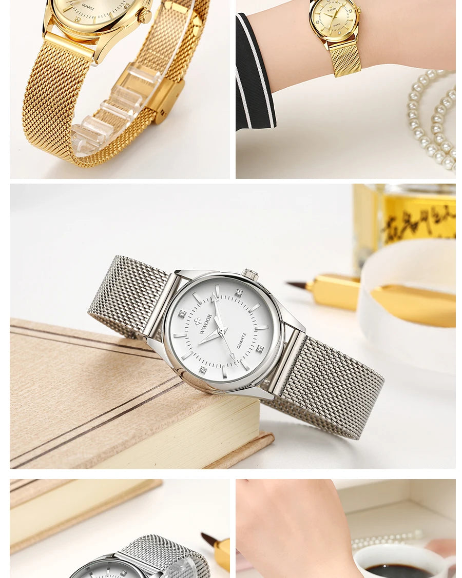 WWOOR Luxury Brand Dress Gold Watch Ladies Elegant Diamond Small Quartz Wrist Watches For Women Steel Mesh Clock zegarek damski