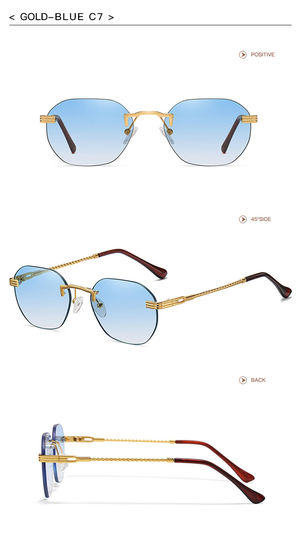 Brown Frameless Gold Metal Ladies Sunglasses Rimless Gradient Lens Blue Fashion Sun Glasses For Men UV400 Summer 2025