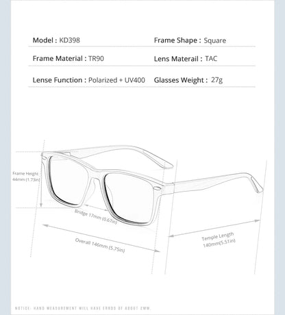 KDEAM All Matching Square Polarized Sunglasses For Men Women TR90 Material Frame Spring Hinges KD398