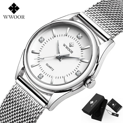 WWOOR Luxury Brand Dress Gold Watch Ladies Elegant Diamond Small Quartz Wrist Watches For Women Steel Mesh Clock zegarek damski