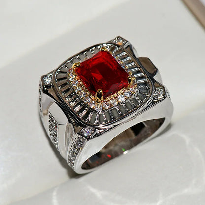 NEW Vintage Male Ring S925 Sterling Silver Red AAAAA Cz Stone Engagement Wedding Band Jewelry for Men Women Luxury Party