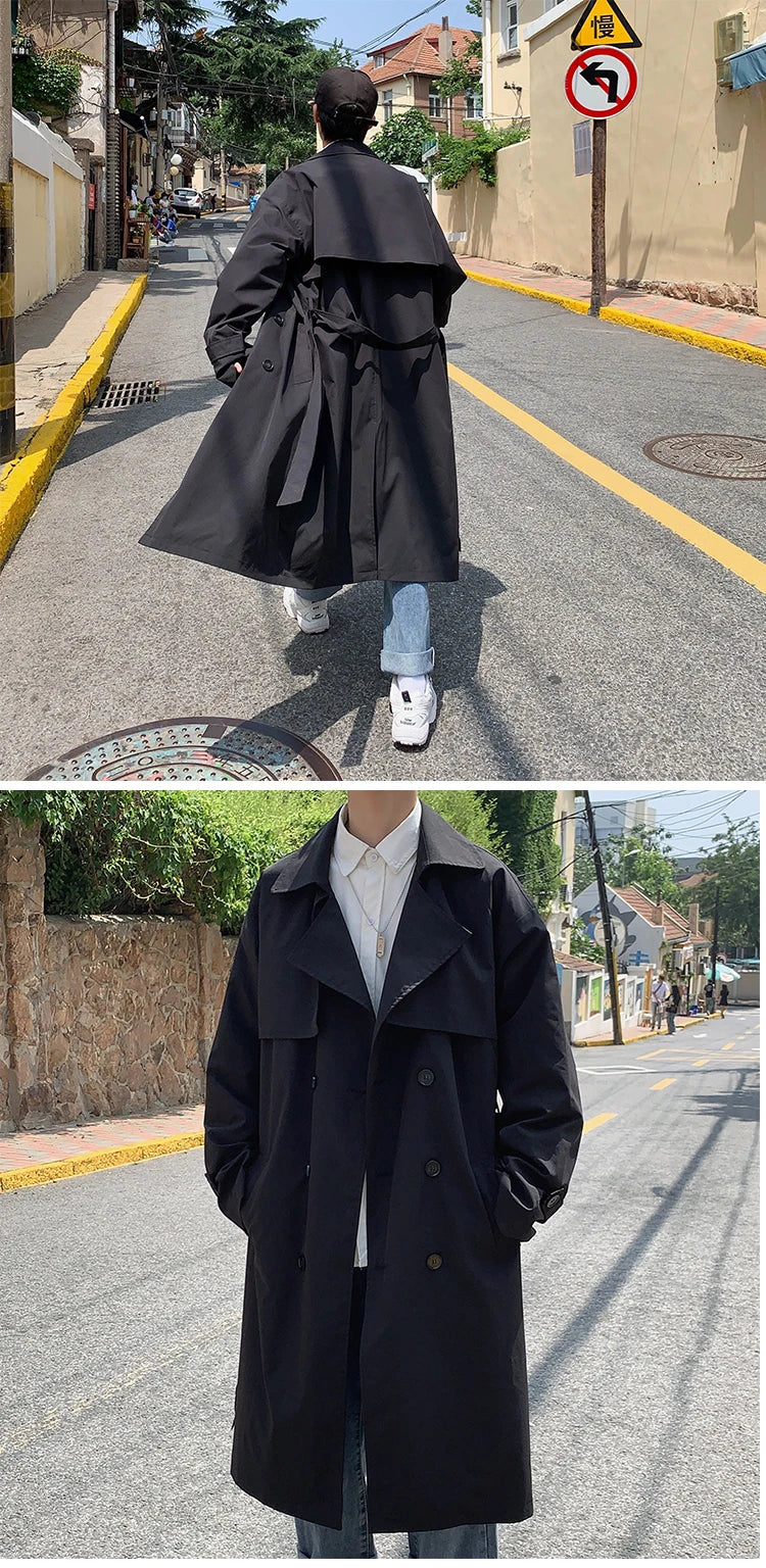 Korean style Spring Trench Coat Male Streetwear Windbreaker Trenchcoat Men Solid Business Casual Loose Long Overcoat