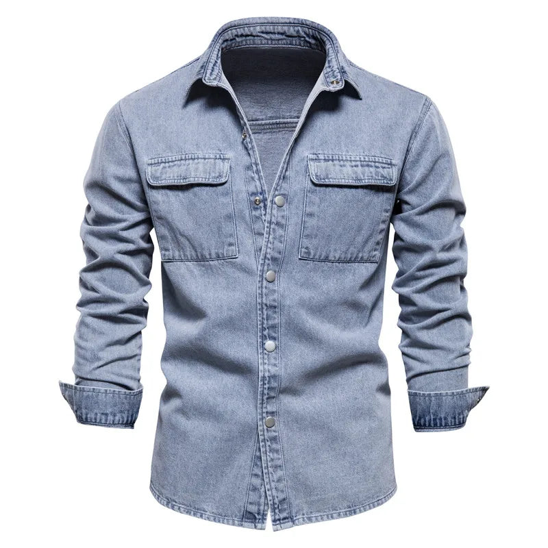 AIOPESON 100% Cotton Denim Shirts Men Casual Solid Color Thick Long Sleeve Shirt for Men Spring High Quality Jeans Male Shirt