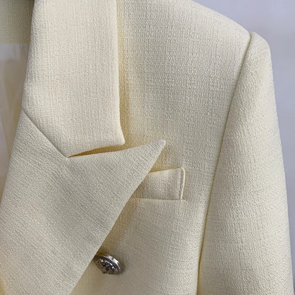 HIGH STREET Newest 2025 Classic Designer Blazer Women's Lion Buttons Double Breasted Slim Fit Textured Blazer Pastel yellow