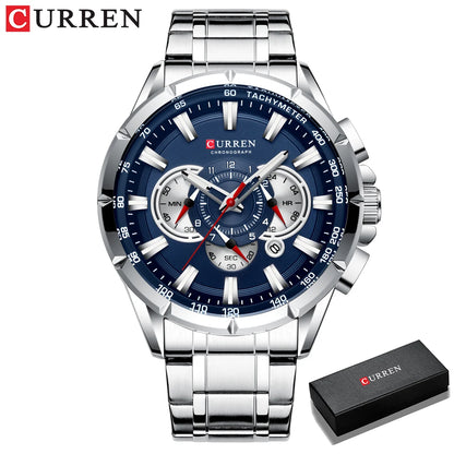 CURREN New Casual Sport Chronograph Men's Watches Stainless Steel Band Wristwatch Big Dial Quartz Clock with Luminous Pointers