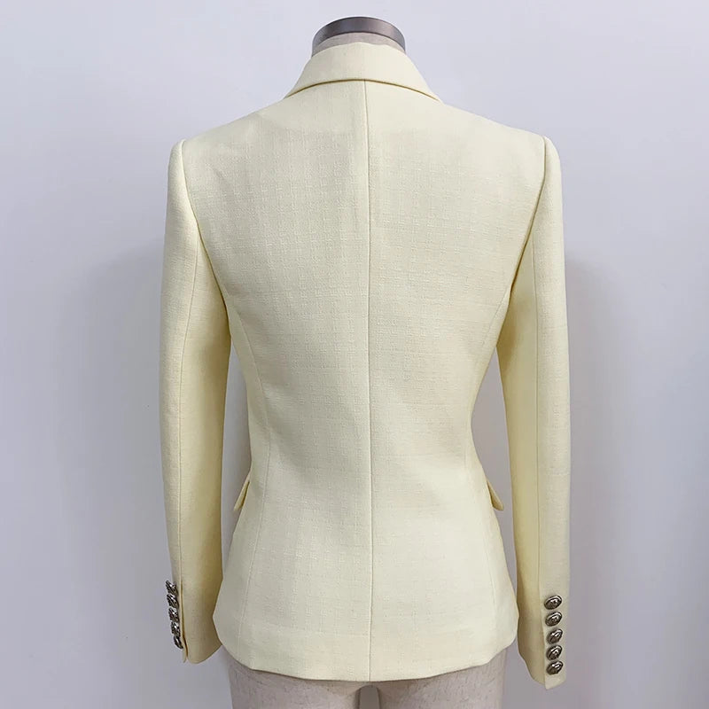 HIGH STREET Newest 2025 Classic Designer Blazer Women's Lion Buttons Double Breasted Slim Fit Textured Blazer Pastel yellow