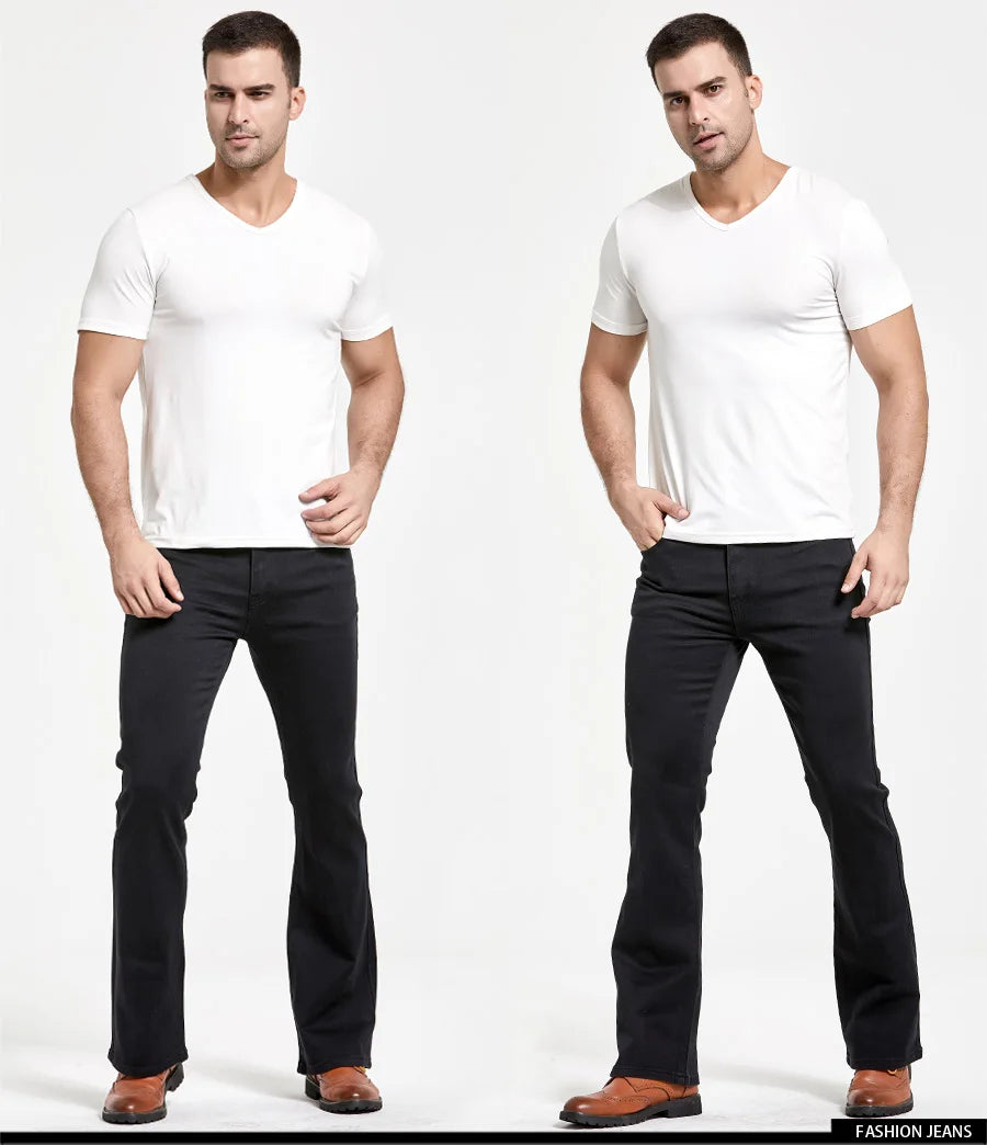 Mens Boot Cut Jeans Slightly Flared Slim Fit Blue Black Trousers Designer Classic Male Stretch Denim Pants