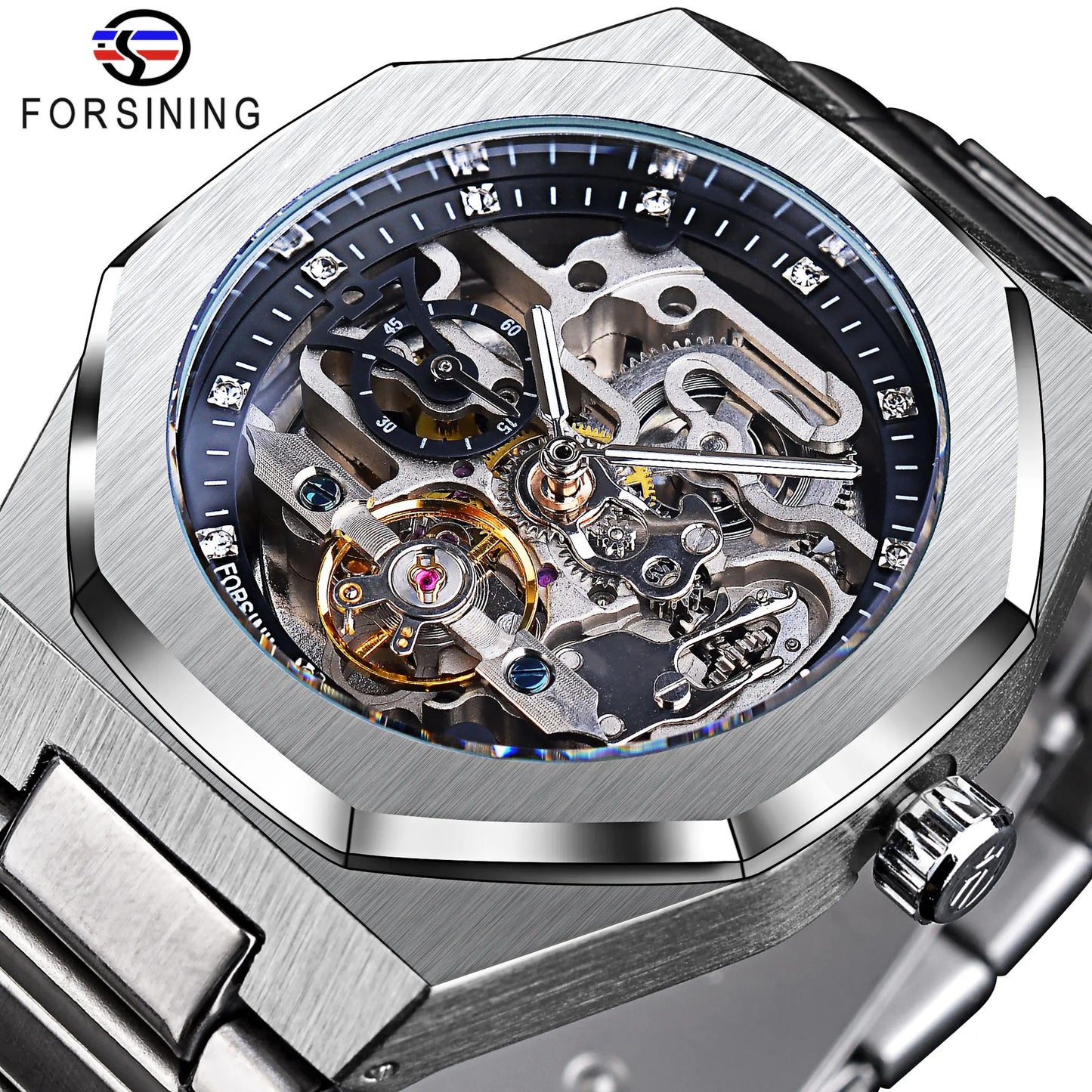 Forsining Casual Automatic Watch 3D Diamond Skeleton Hollow Mens Wristwatches Luminous Military Watches Tourbillon Montre Homme