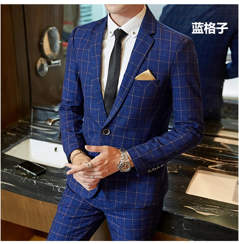 Blazer Vest Pants Groom Wedding Dress Stage Party Suit Three Piece Set and Two Piece Set Mens casual business classic plaid suit