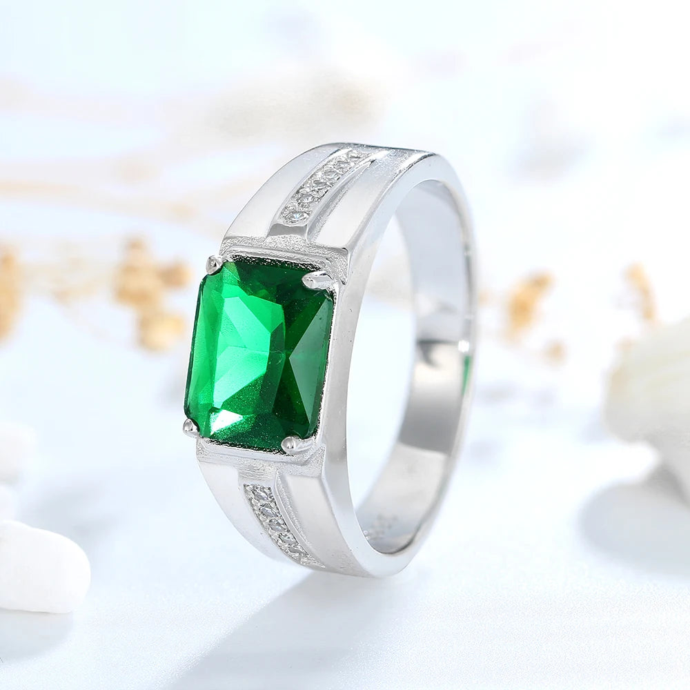 Genuine 925 Sterling Silver Men's Ring Main Stone Rectangular 8*10MM Green Zircon Finger Rings Gift Party Fine Jewelry