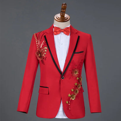 Red Diamond Floral Men Suits for Wedding Mens Suits 3 Piece Blazer+Pant+Bow Tie Fashion Tuxedo Men Suit Set Stage Costume Homme