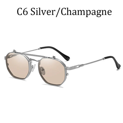 2024 Vintage SteamPunk Style Tint Ocean Lens Metal Sunglasses Flip Up Clamshell Brand Design Sun Glasses Oculos De Sol 8080