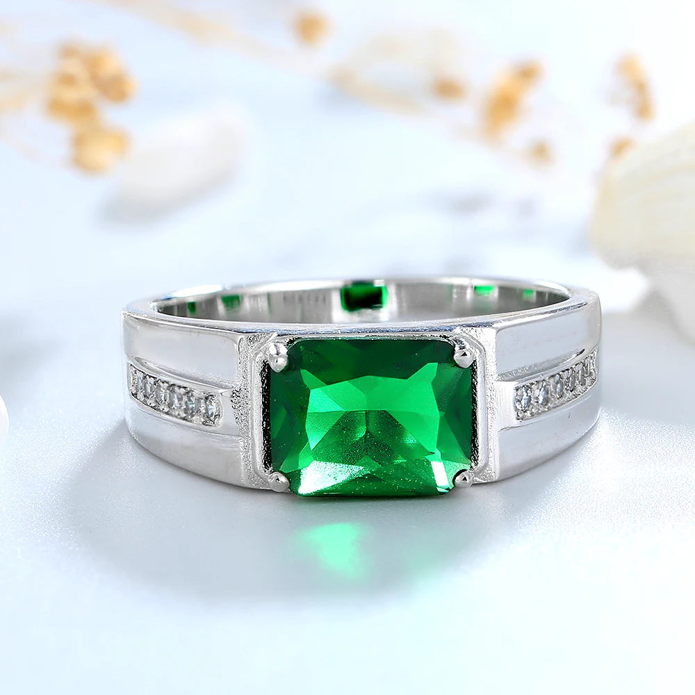 Genuine 925 Sterling Silver Men's Ring Main Stone Rectangular 8*10MM Green Zircon Finger Rings Gift Party Fine Jewelry