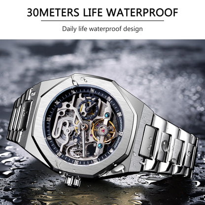 Forsining Casual Automatic Watch 3D Diamond Skeleton Hollow Mens Wristwatches Luminous Military Watches Tourbillon Montre Homme