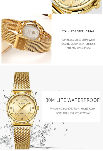 WWOOR Luxury Brand Dress Gold Watch Ladies Elegant Diamond Small Quartz Wrist Watches For Women Steel Mesh Clock zegarek damski