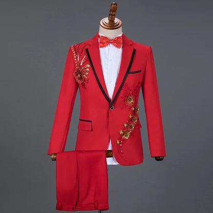 Red Diamond Floral Men Suits for Wedding Mens Suits 3 Piece Blazer+Pant+Bow Tie Fashion Tuxedo Men Suit Set Stage Costume Homme