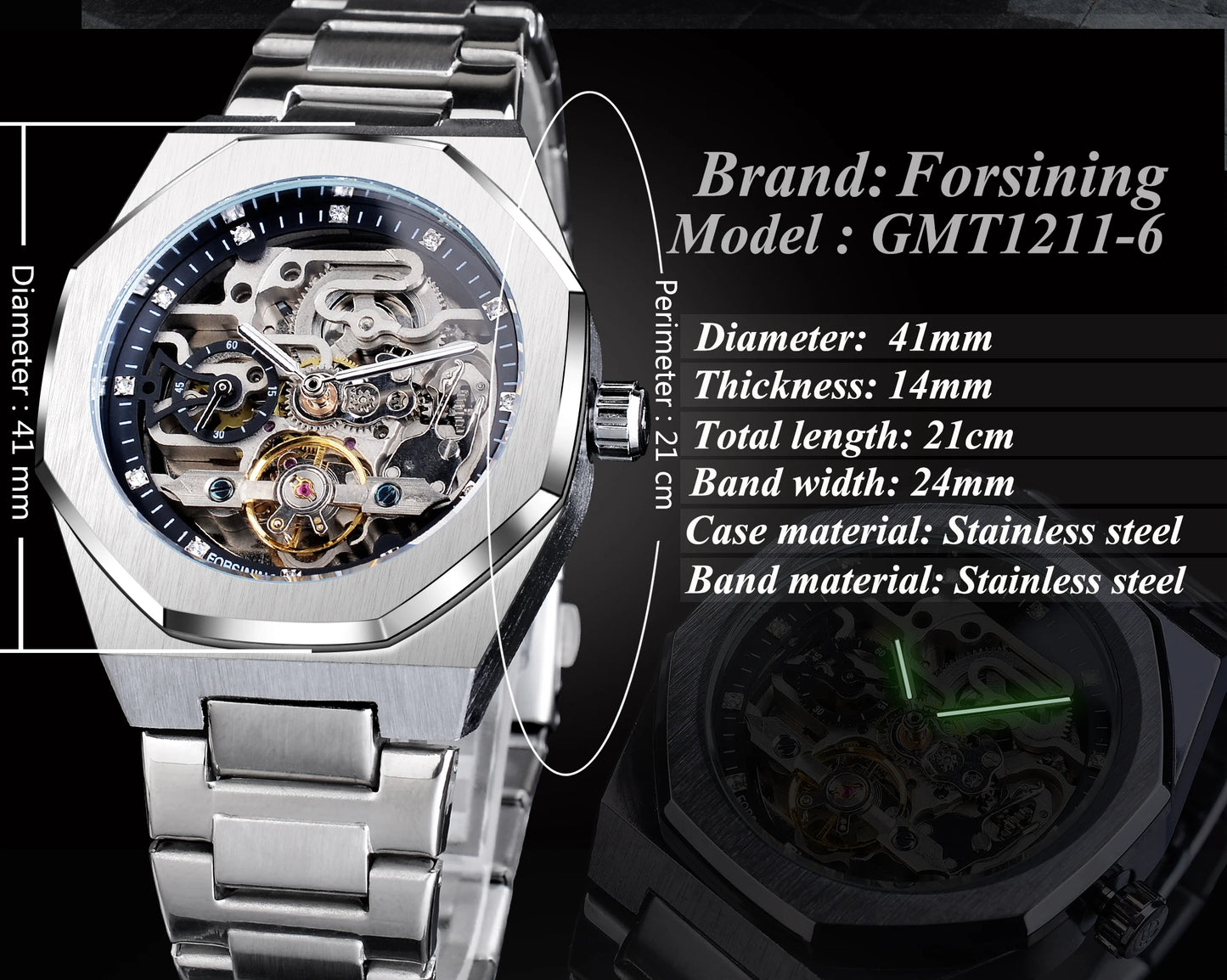 Forsining Casual Automatic Watch 3D Diamond Skeleton Hollow Mens Wristwatches Luminous Military Watches Tourbillon Montre Homme