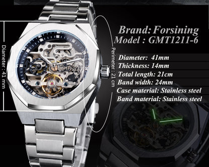 Forsining Casual Automatic Watch 3D Diamond Skeleton Hollow Mens Wristwatches Luminous Military Watches Tourbillon Montre Homme