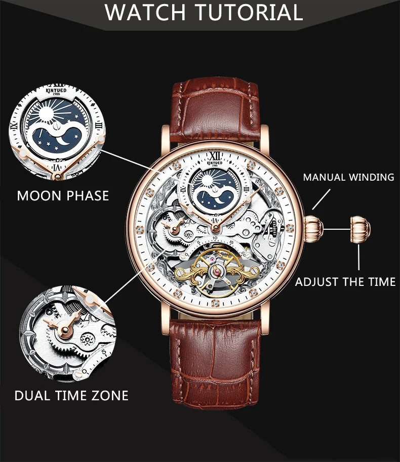 Reloj Hombre Watches Mens KINYUED Top Brand Luxury Rose Gold Skeleton Tourbillon Automatic Mechanical Watch for Men Waterproof