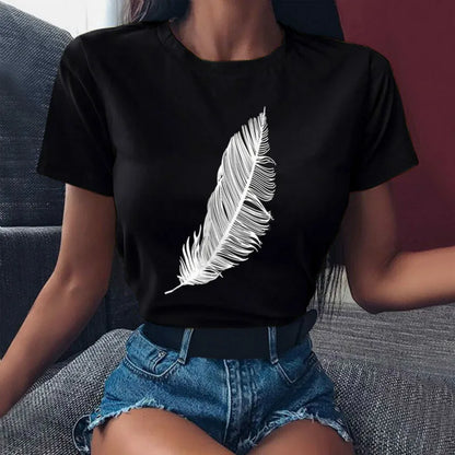 2022 Women Casual Harajuku Fashion T-shirt Feather Print Loose O-neck Short Sleeve Elastic Stretched Summer Home New Tee Shirt