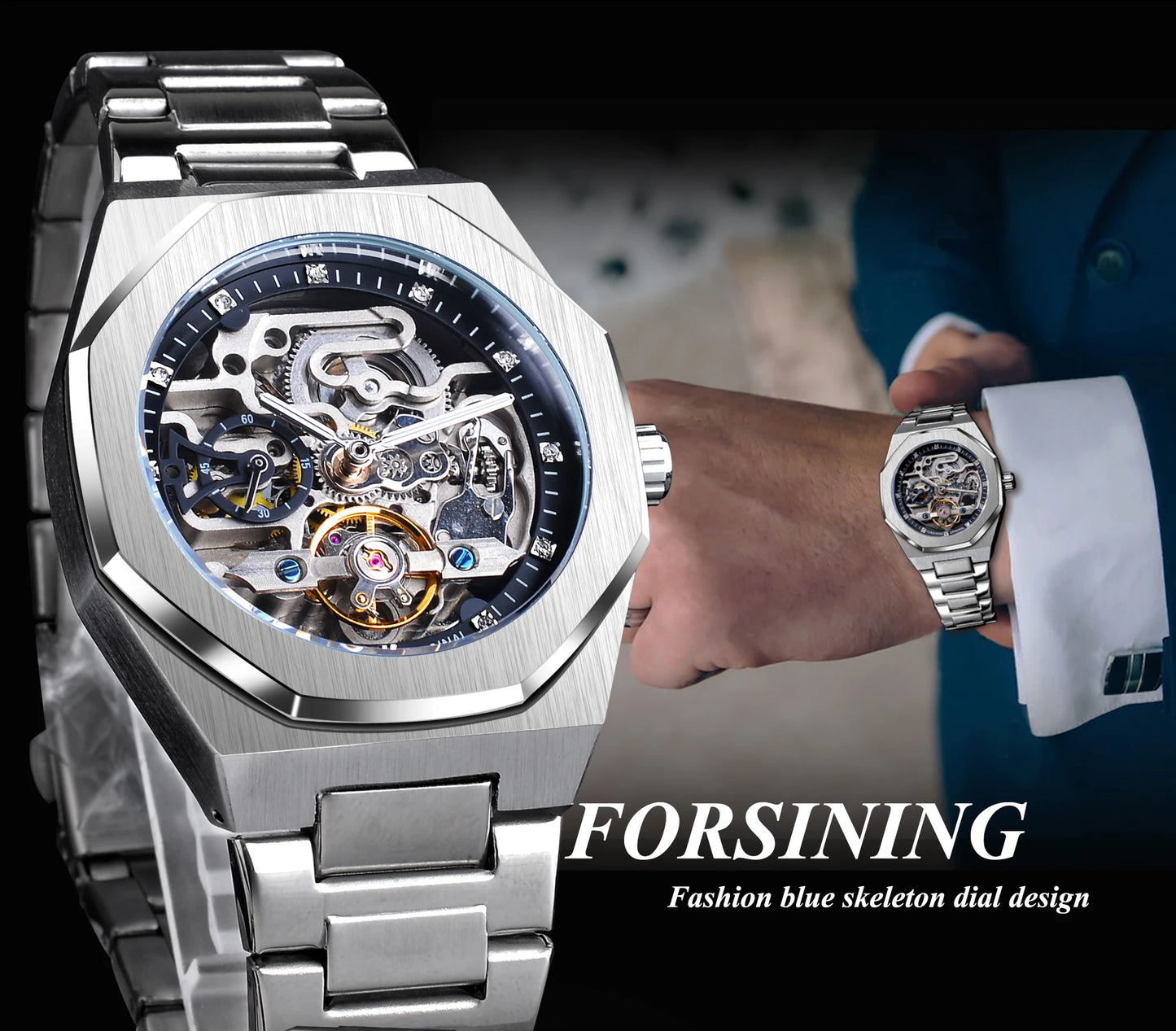 Forsining Casual Automatic Watch 3D Diamond Skeleton Hollow Mens Wristwatches Luminous Military Watches Tourbillon Montre Homme