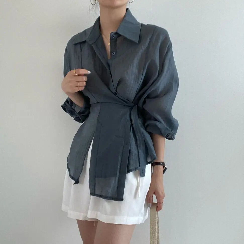 Sunscreen Women Shirt Chic Loose Long Sleeve Blouse 2025 Fashion Casual Button Shirts Tops Office Lady Elegant Clothing 15674