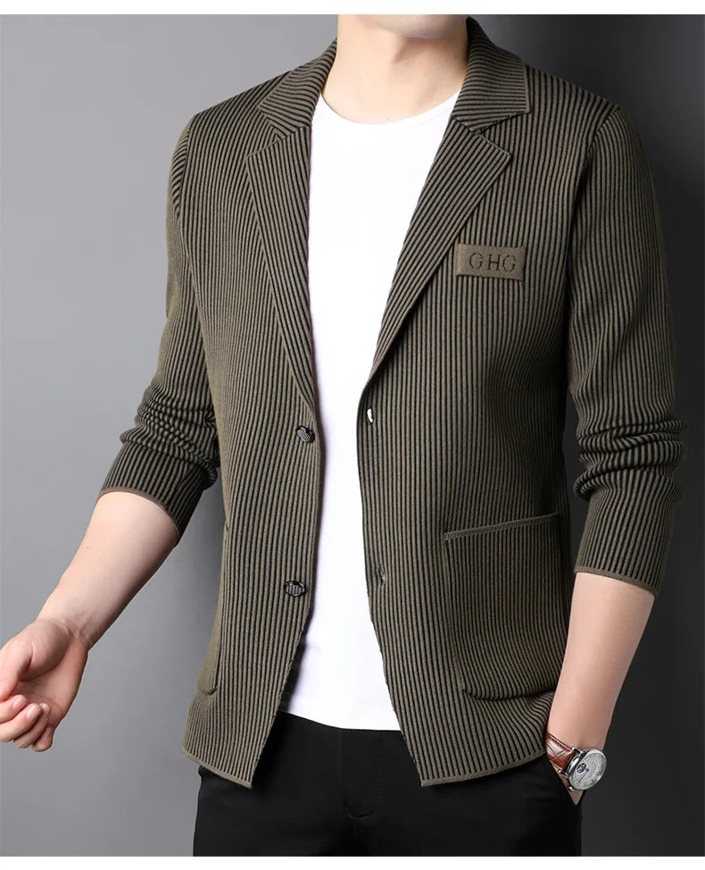 Top Grade New Brand Fashion Slim Fit Blazer Jacket Smart Elegant Stylish Knitted Suit Striped Men Coat Casual Mens Clothes 2025