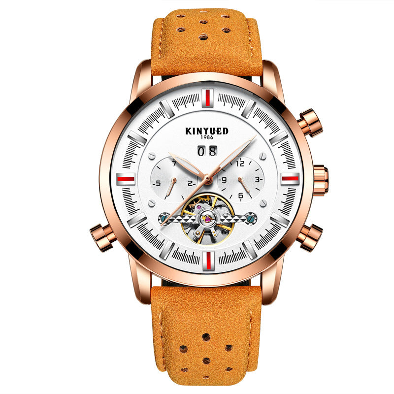 KINYUED Men&#039;s Mechanical Watch Multifunctional Double Calendar Automatic Tourbillon Hollow Mechanical Watch