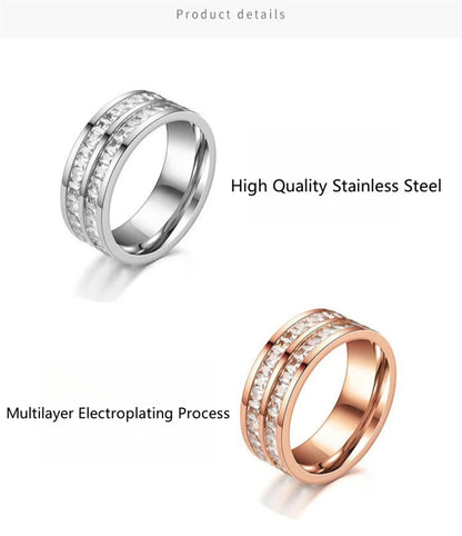 Luxury Rose Gold Double Rowed Square Zircon Stainless Steel Ring Women's Romantic Engagement Wedding Party Jewelry Women Gift