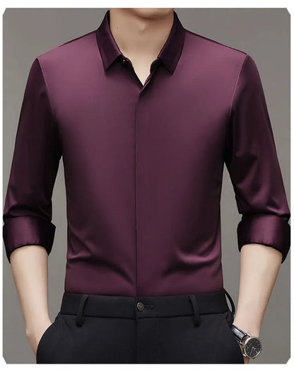 High end Mulberry Silk Shirts Business Men Non Iron Button Invisible Elastic Tops Luxurious Male Long Sleeve Quality Dress Shirt