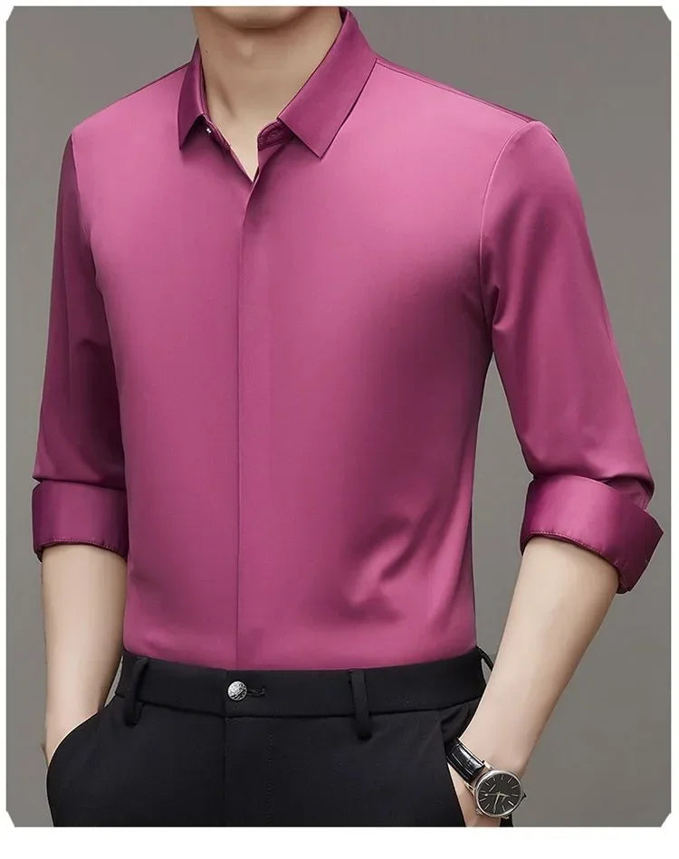 High end Mulberry Silk Shirts Business Men Non Iron Button Invisible Elastic Tops Luxurious Male Long Sleeve Quality Dress Shirt