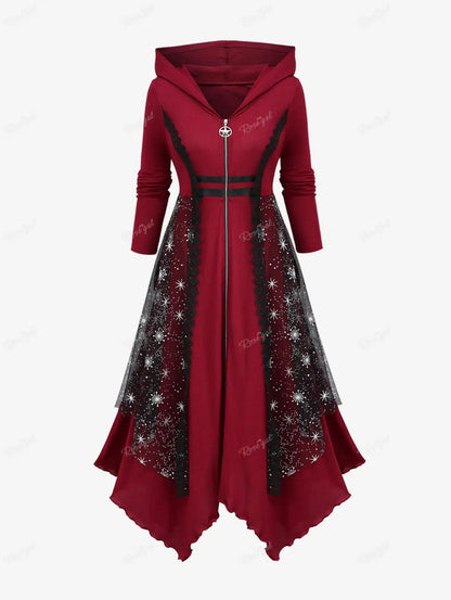 ROSEGAL Plus Size Hooded Lace Up Zipper Trench Coat Women Autumn Winter High Low Maxi Outwears Black Red Longline Hoodies Tops