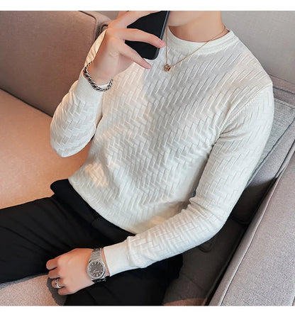 2025 Stretchable Jacquard Woven Winter Crew Neck Sweater Men's Slim Fit Pullover Knitwear Blue, Fashionable Check Pattern