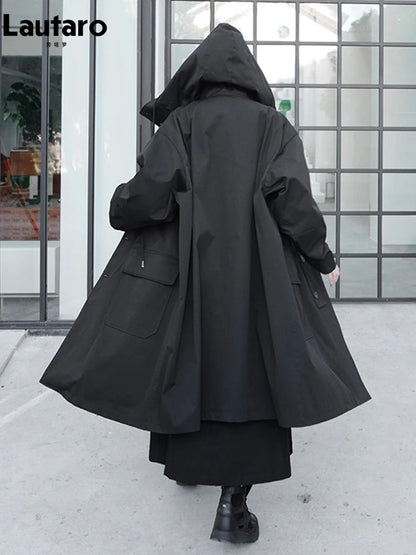 Lautaro Spring Autumn Long Oversized Black Trench Coat with Hood  Dark Academia Aesthetic Luxury Designer Clothes for Women 2022