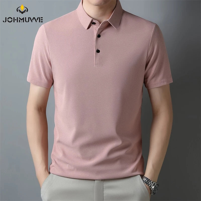 Men's Fashion Waffle Solid Short Sleeved Polo Shirt Summer Breathable Comfortable Top