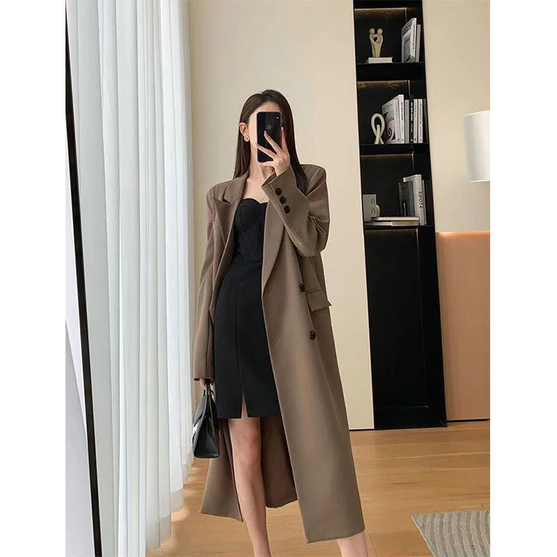 Long Trench Coat Women Office Lady Elegant Double Breasted Blazer Jacket Streetwear Overcoats Korean Harajuku Casual Windbreaker